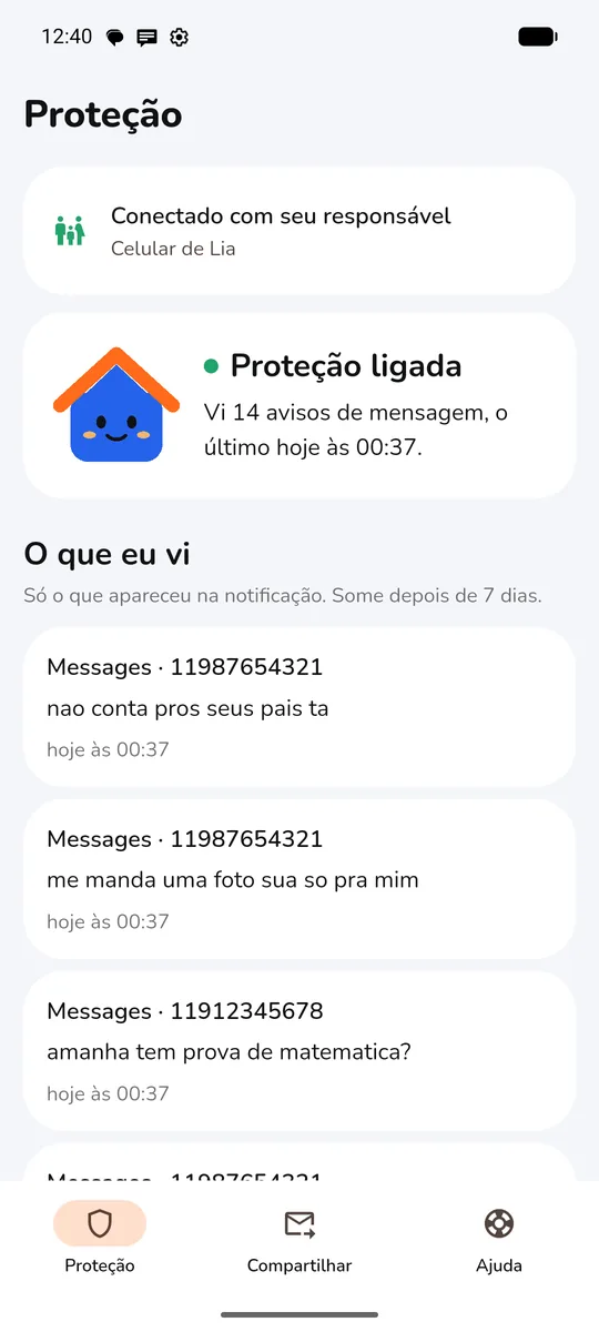 Tela do Oká Kids: proteção ligada e as mensagens que chegaram