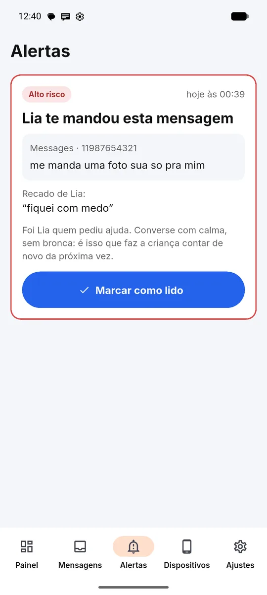 Tela do Oká: alerta enviado pela criança com o recado dela