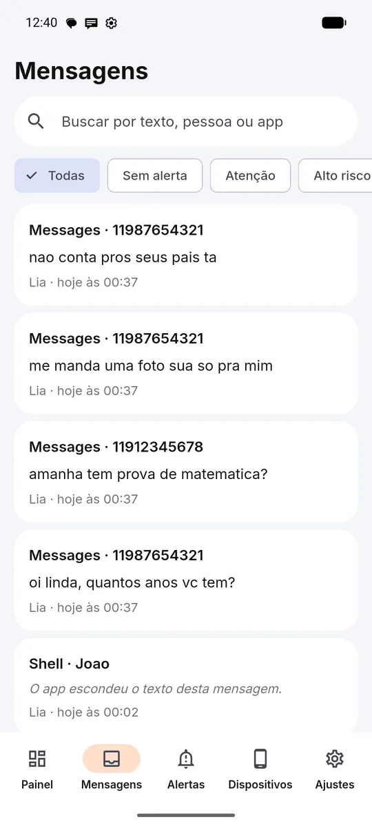 Tela do Oká: caixa de mensagens com busca e filtros